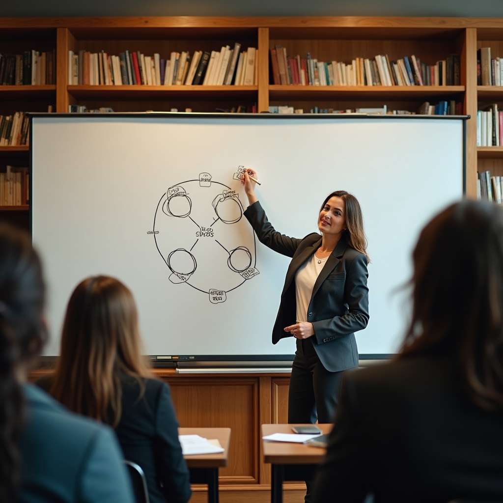 Преподаватель курса объясняет схему бизнес-процесса на доске в аудитории